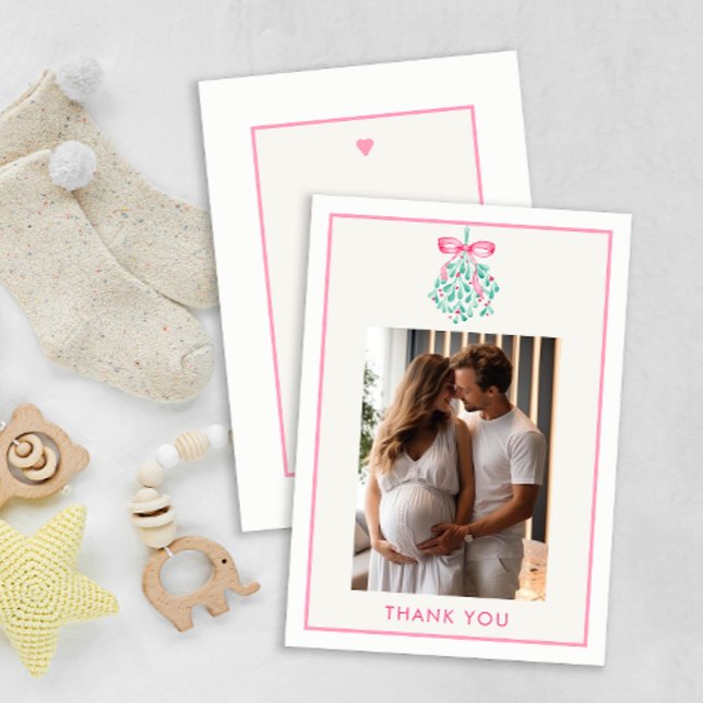 Mistletoe rose Baby shower de Noël Merci (Photo Baby Shower, under the mistletoe thank you card - Baby Girl)