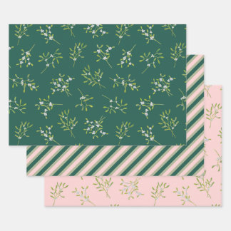 Mistletoe Stripes Green Rose Wrapping Paper Sheet