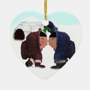 Mistletoe Time - Mistletoe Kissing Eskimos Ceramic Ornament
