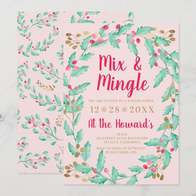 Mistletoe watercolor gold Christmas Mix Mingle Invitation (Front/Back)