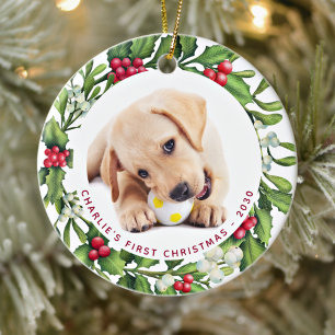 Mistletoe Wreath Personalized Dog Photo Christmas  Ceramic Ornament
