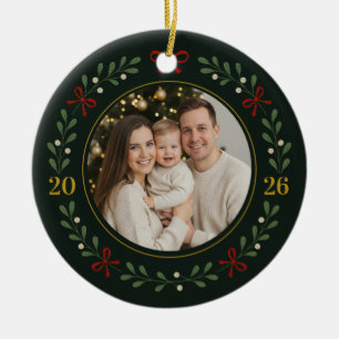 Mistletoe Wreath Photo Ornament – Dark Green Round