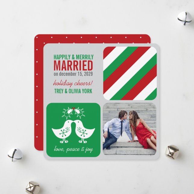 Mistletoes Kissing Chicks Mr And Mrs Photo Wedding Holiday Card (Front/Back In Situ)