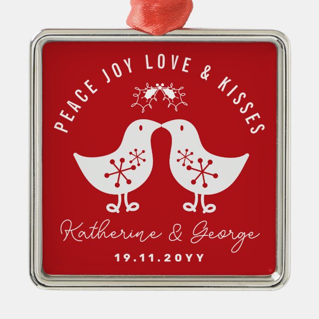 Mistletoes Kissing Chicks Mr & Mrs 1st Christmas Metal Ornament (Front)