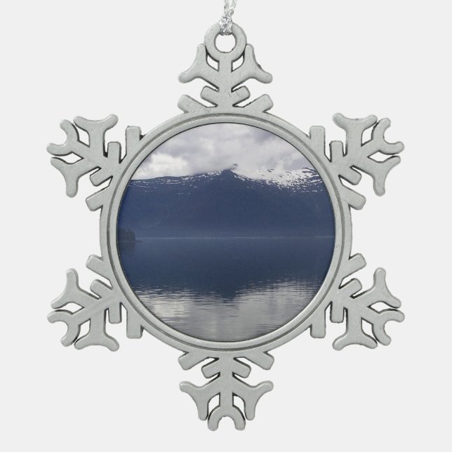 Misty Alaskan Sea in Shades of Blue Snowflake Pewter Christmas Ornament (Front)