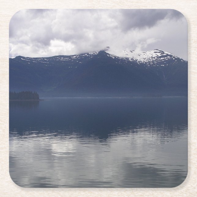 Misty Alaskan Sea in Shades of Blue Square Paper Coaster (Front)