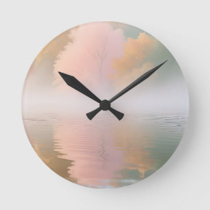 Misty Autumn Lake Serenity Round Clock
