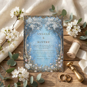 Misty Blue Enchanted Forest Gold Frame Wedding Invitation