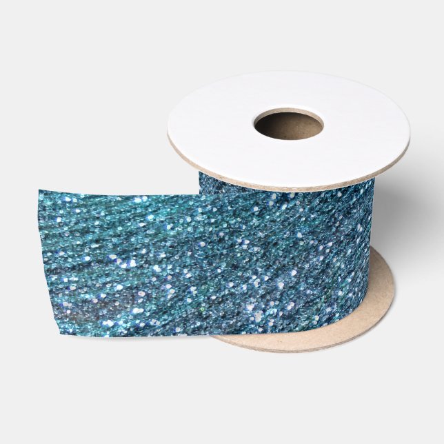 misty blue glitter peacock feathers satin ribbon (Spool)