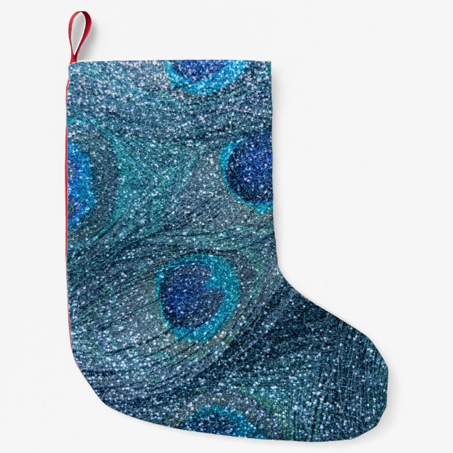 misty blue glitter peacock feathers small christmas stocking (Front)