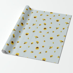 Misty Blue Japanese Yellow Pansy Floral Pattern Wrapping Paper
