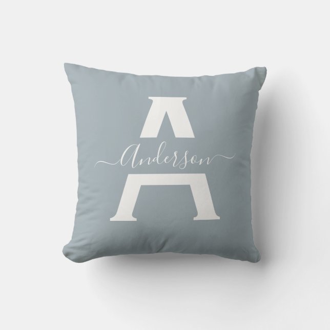 Misty Blue Modern Family Monogram Trendy Script Throw Pillow (Front)