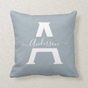 Misty Blue Modern Family Monogram Trendy Script Throw Pillow