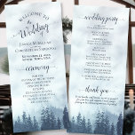 Misty Blue Mountain Pine Forest Rustic Wedding Program<br><div class="desc">This beautiful wedding program features a rustic yet elegant design with a watercolor landscape of mountains covered in blue spruce or pine trees shrouded in mist or fog. The titles are written in fancy script calligraphy, and there is space for your ceremony and wedding party details, as well as a...</div>