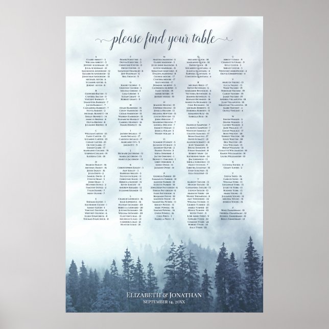 Misty Blue Pine Forest Alphabetical Seating Chart (Front)
