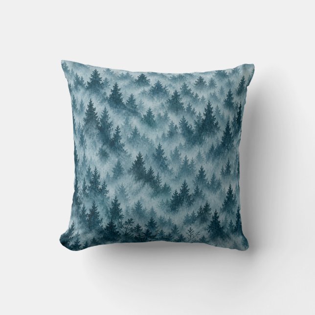Misty Blue Pine Forest Watercolor Pattern Throw Pillow (Front)