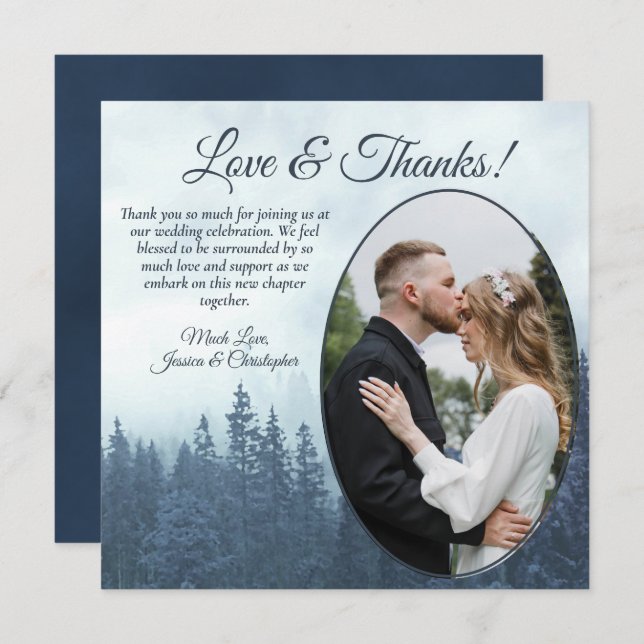 Misty Blue Pine Trees Rustic Wedding Oval Photo Thank You Card (Front/Back)