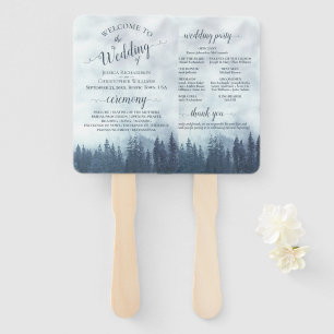Misty Blue Pine Trees Rustic Wedding Program Hand Fan