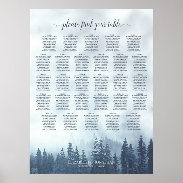 Misty Blue Pines 28 Table Wedding Seating Chart (Front)