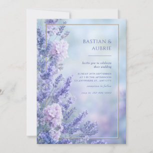 Misty Blue Romantic Lavender Gold Frame Wedding Invitation