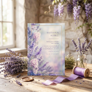 Misty Blue Romantic Lavender Gold Frame Wedding Invitation