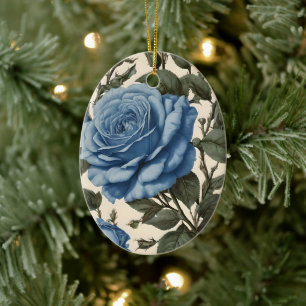 Misty Blue Roses And Green Leaves, Ceramic Ornament