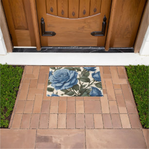 Misty Blue Roses And Green Leaves, Doormat