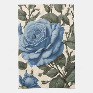 Misty Blue Roses And Green Leaves, Kitchen Towel