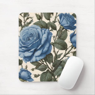 Misty Blue Roses And Green Leaves, Mouse Pad