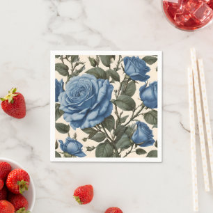 Misty Blue Roses And Green Leaves, Napkin