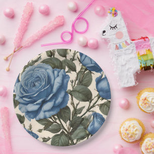 Misty Blue Roses And Green Leaves, Paper Plate