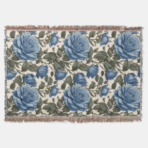 Misty Blue Roses And Green Leaves, Throw Blanket