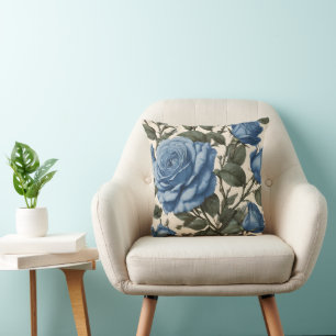 Misty Blue Roses And Green Leaves, Throw Pillow