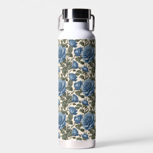 Misty Blue Roses And Green Leaves, Water Bottle