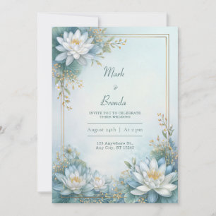 Misty Blue Water Lily Gold Frame Wedding Invitation