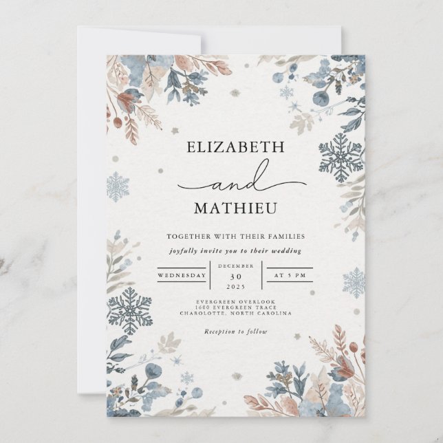 Misty Blue Winter Floral Wedding Invitation (Front)