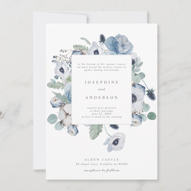 Misty Blues Floral Wedding Invitation (Front)