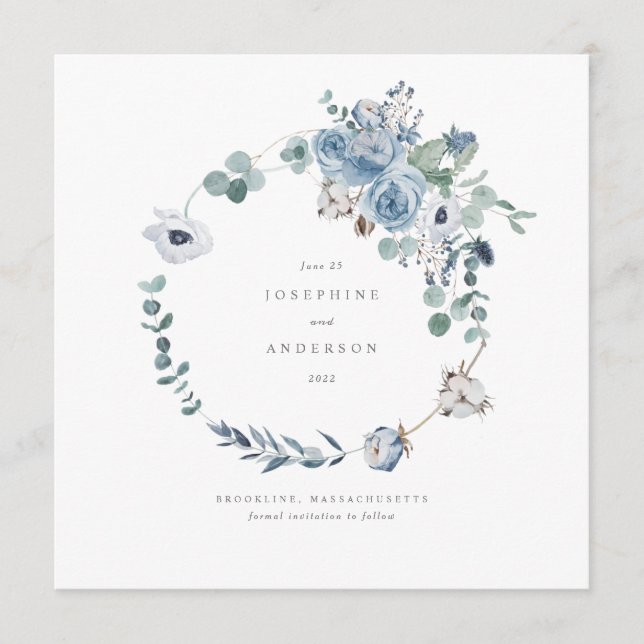Misty Blues Floral Wreath Save The Date Menu (Front)