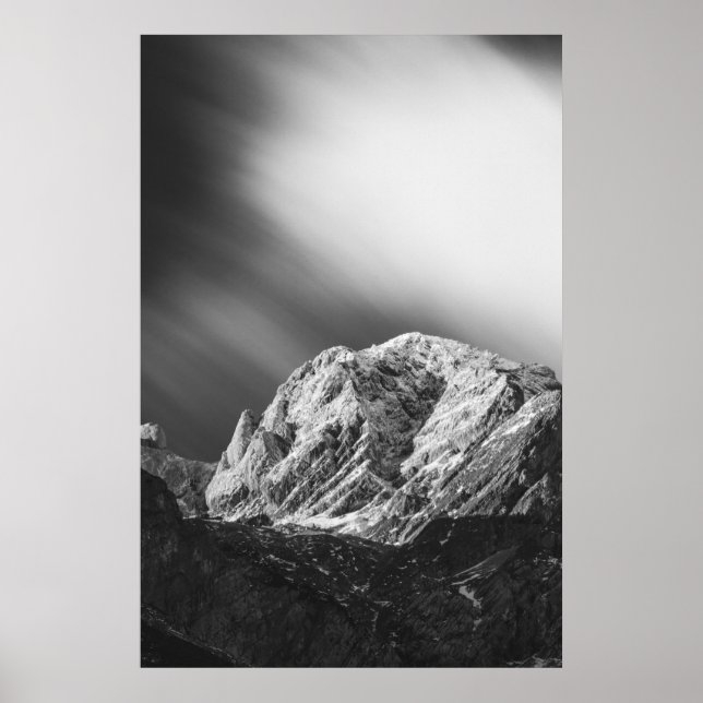 Misty clouds over the mountains in black and white poster (Front)
