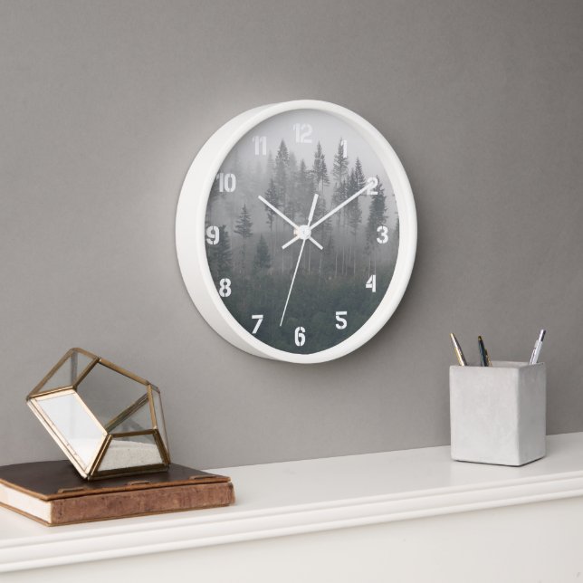 Misty Evergreen Forest Landscape Wall Clock (Office)