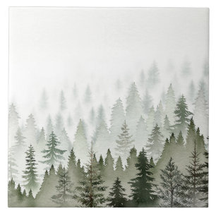 Misty Evergreen Forest Watercolor Tile