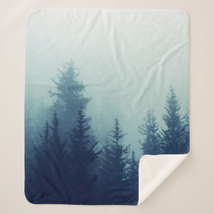 Misty fog in pine forest on mountain slopes. Color Sherpa Blanket