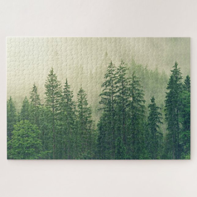 Misty Foggy Green Pine Trees Nature Photo  Jigsaw Puzzle (Horizontal)
