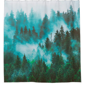 Misty foggy mountain landscape with fir forest and