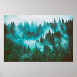 Misty foggy mountain landscape with fir forest and poster