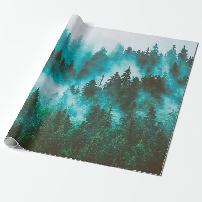 Misty foggy mountain landscape with fir forest and wrapping paper (Unrolled)