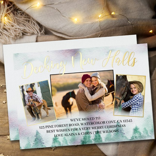 Misty Forest Decking New Halls Calligraphy 3 Photo Foil Holiday Card (Creator Uploaded)