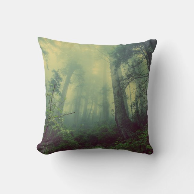 Misty Forest Green Trees Throw Pillow (Front)