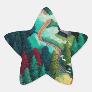 Misty Forest Mountain Road Star Sticker Whimsical