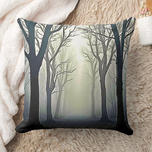 Misty Forest Path: Eerie Beauty Throw Pillow (Blanket)